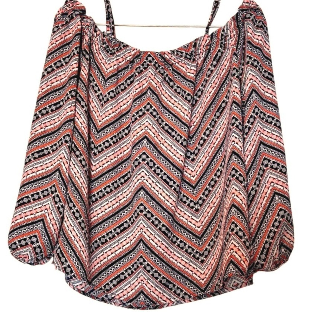Tacera Women Coral Black Geometric Chevron Cold Shoulder Blouse Size M 8600C‎